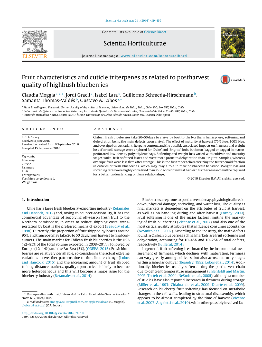 Fruit characteristics and cuticle triterpenes as related to postharvest quality of highbush blueberries