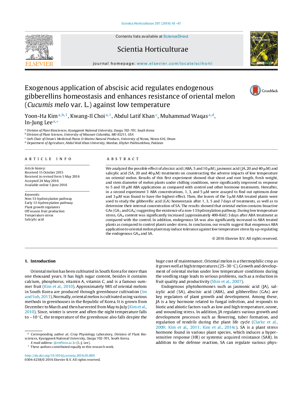 Exogenous application of abscisic acid regulates endogenous gibberellins homeostasis and enhances resistance of oriental melon (Cucumis melo var. L.) against low temperature