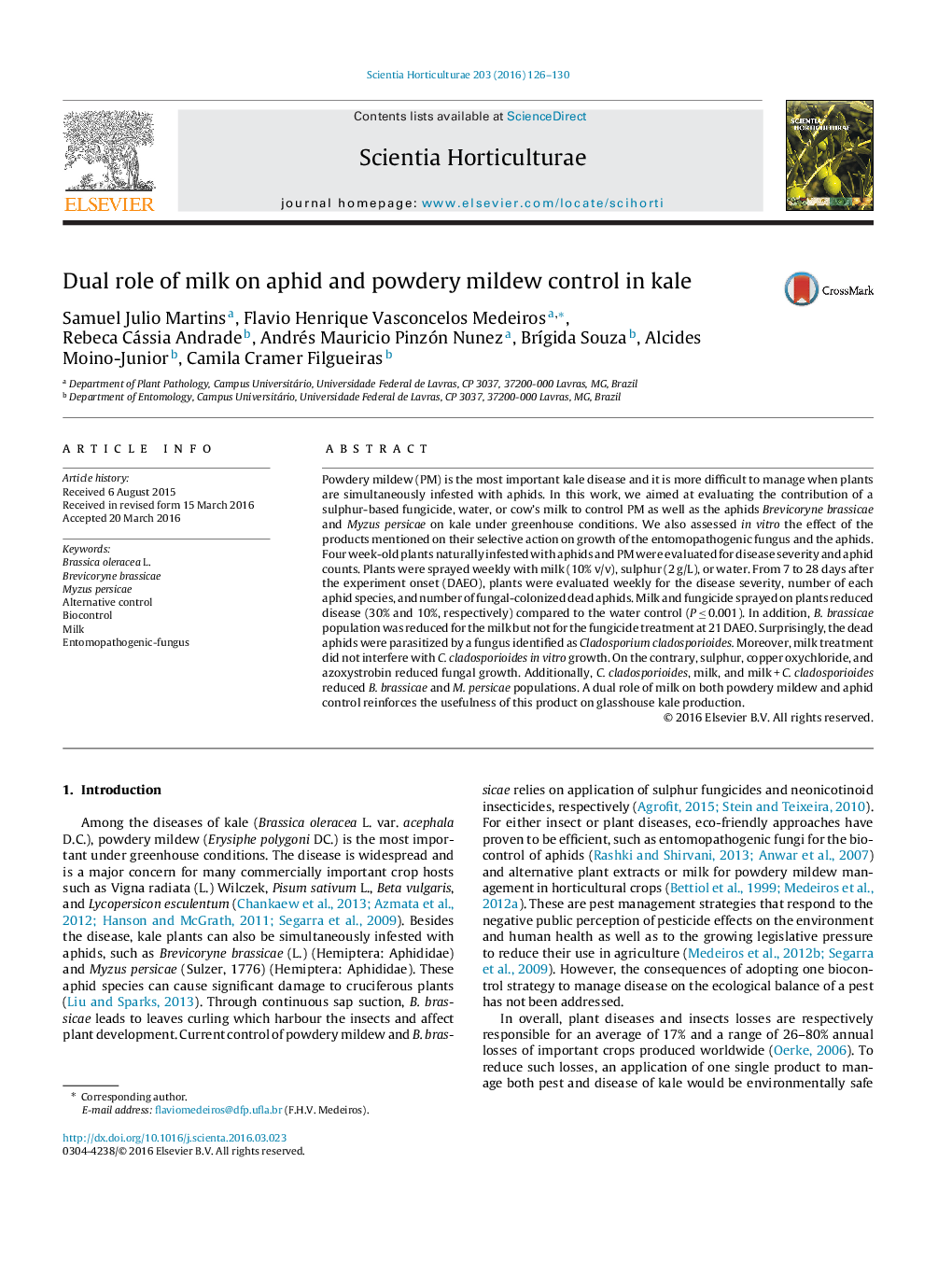 Dual role of milk on aphid and powdery mildew control in kale