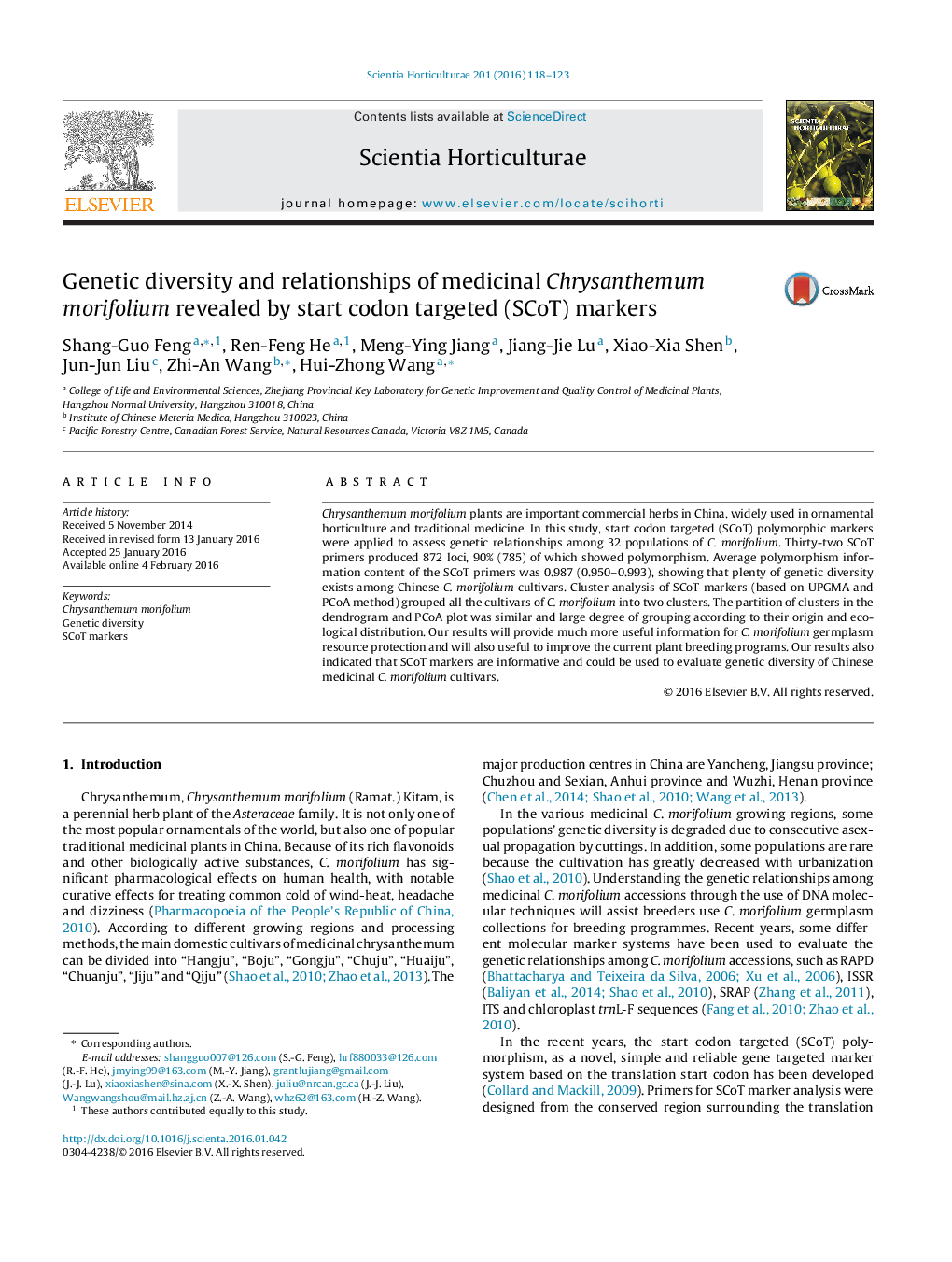 Genetic diversity and relationships of medicinal Chrysanthemum morifolium revealed by start codon targeted (SCoT) markers