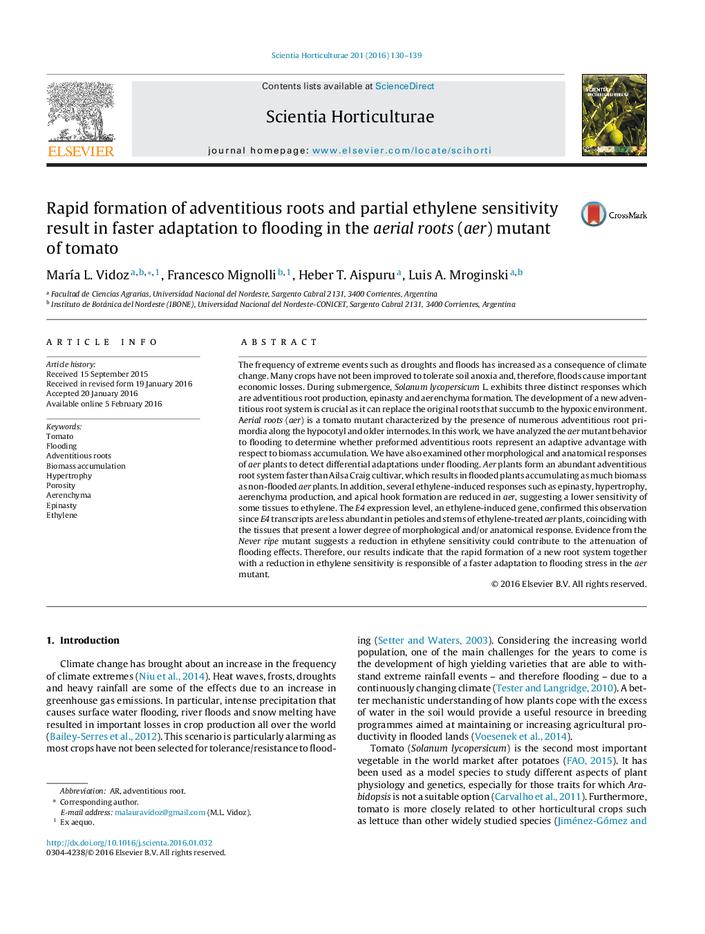 Rapid formation of adventitious roots and partial ethylene sensitivity result in faster adaptation to flooding in the aerial roots (aer) mutant of tomato