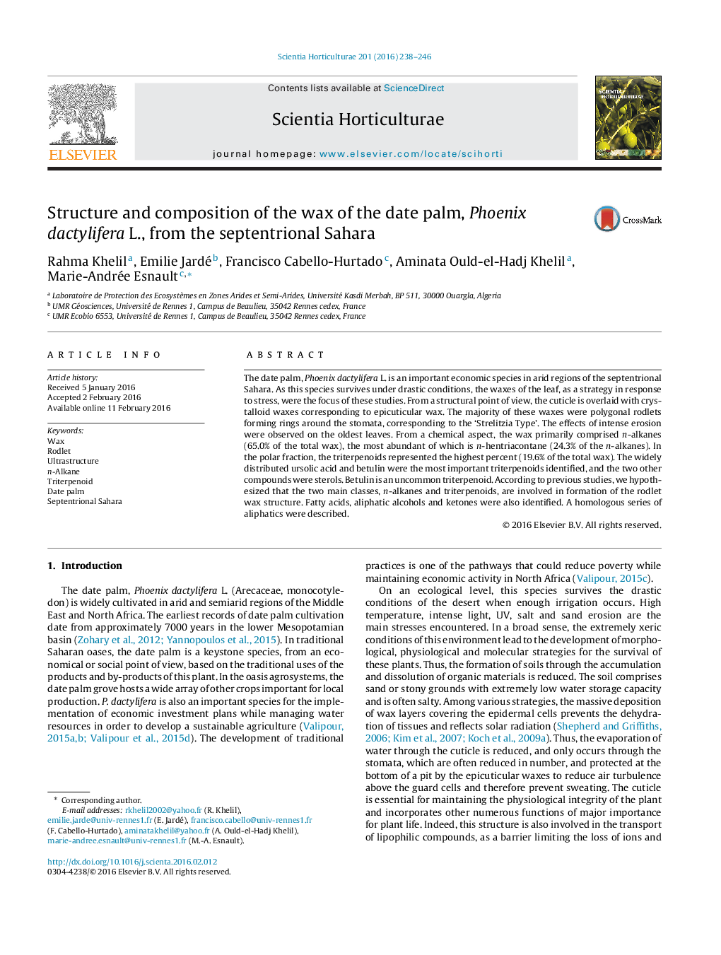 Structure and composition of the wax of the date palm, Phoenix dactylifera L., from the septentrional Sahara