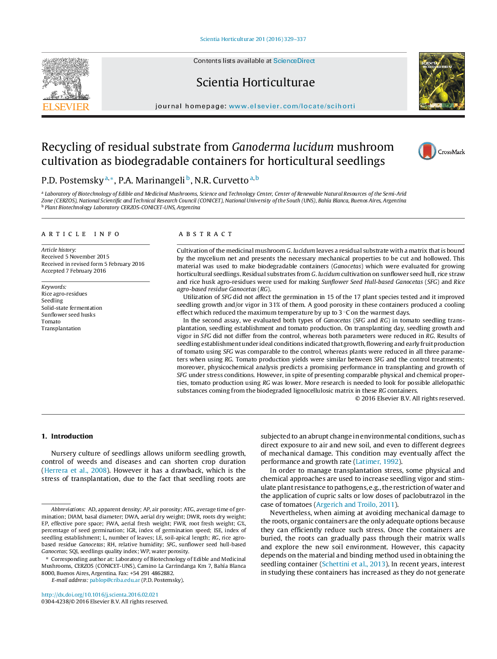 Recycling of residual substrate from Ganoderma lucidum mushroom cultivation as biodegradable containers for horticultural seedlings