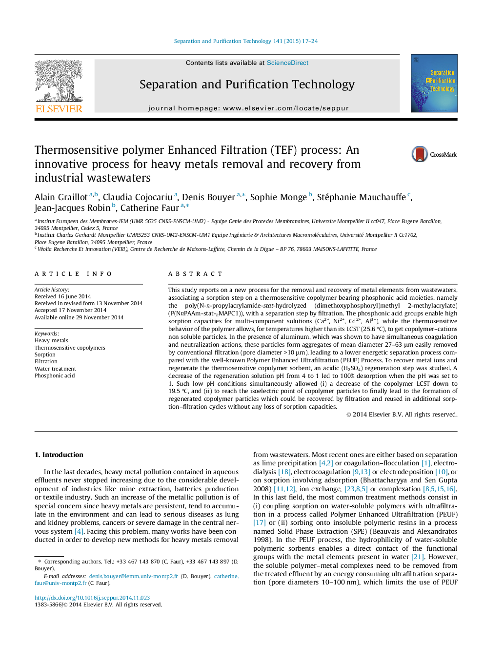 Thermosensitive polymer Enhanced Filtration (TEF) process: An innovative process for heavy metals removal and recovery from industrial wastewaters