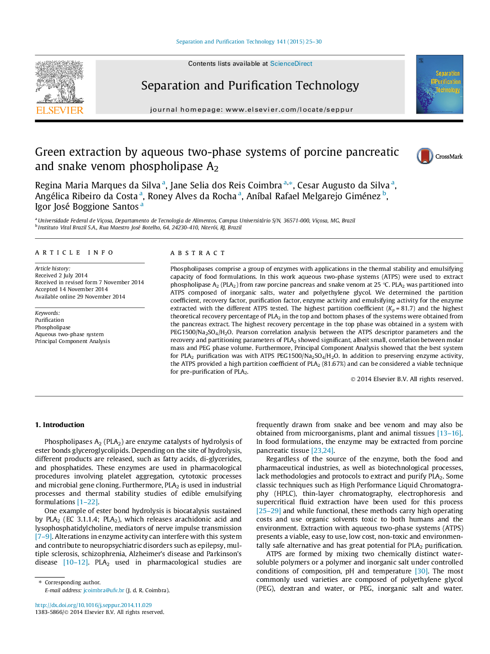 Green extraction by aqueous two-phase systems of porcine pancreatic and snake venom phospholipase A2