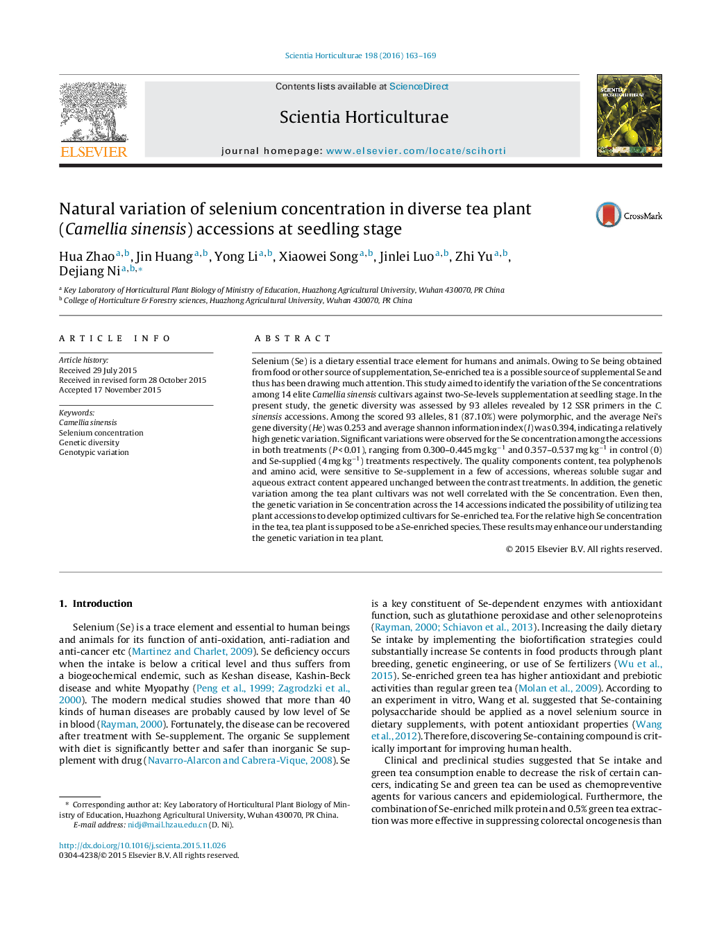 Natural variation of selenium concentration in diverse tea plant (Camellia sinensis) accessions at seedling stage