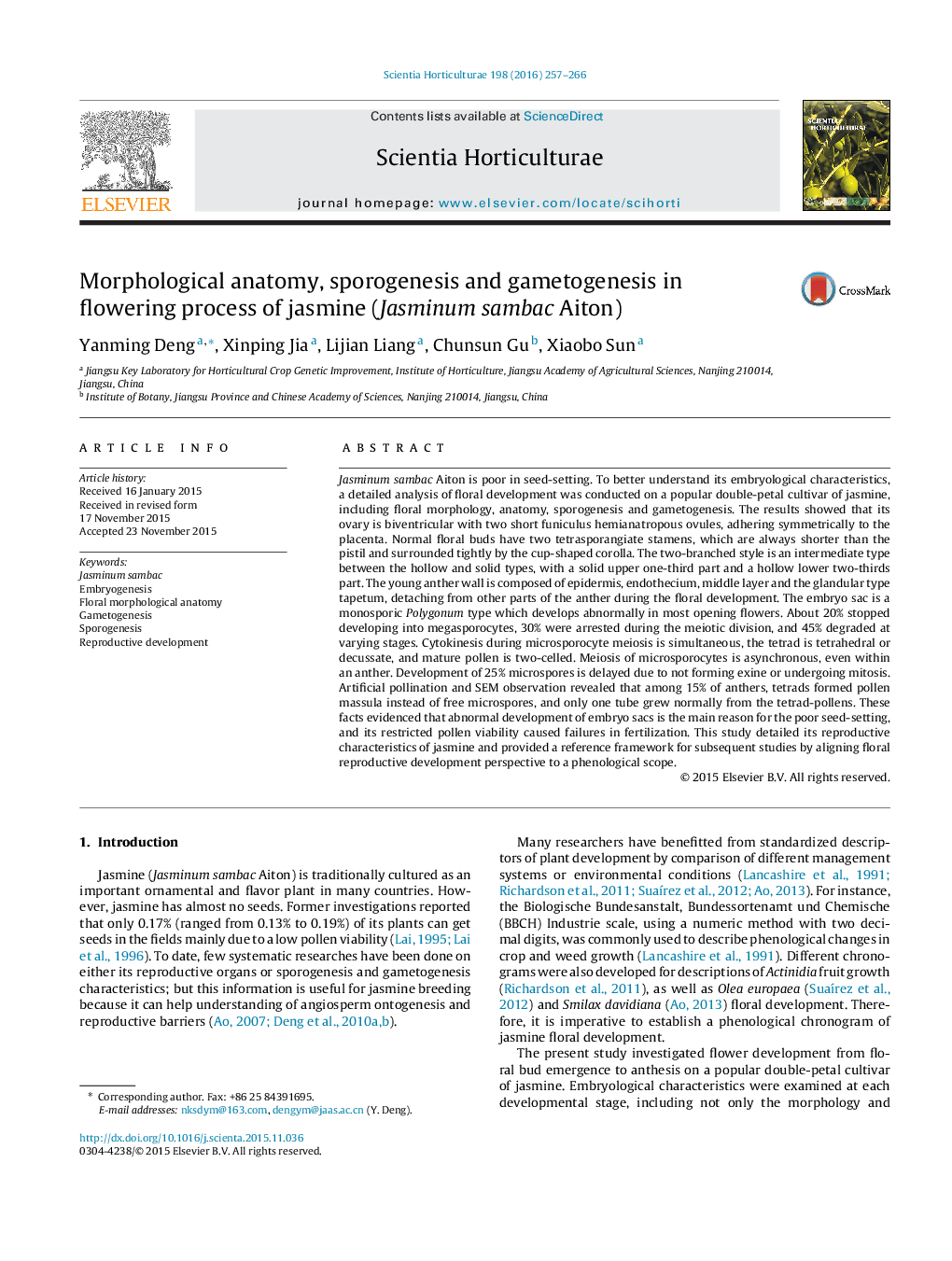 Morphological anatomy, sporogenesis and gametogenesis in flowering process of jasmine (Jasminum sambac Aiton)