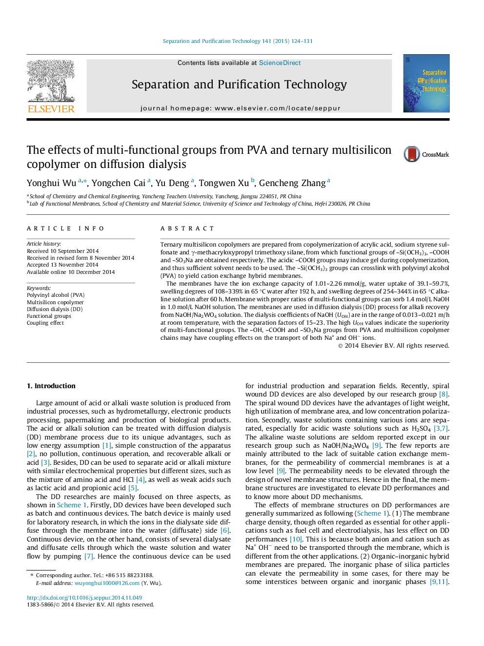 The effects of multi-functional groups from PVA and ternary multisilicon copolymer on diffusion dialysis