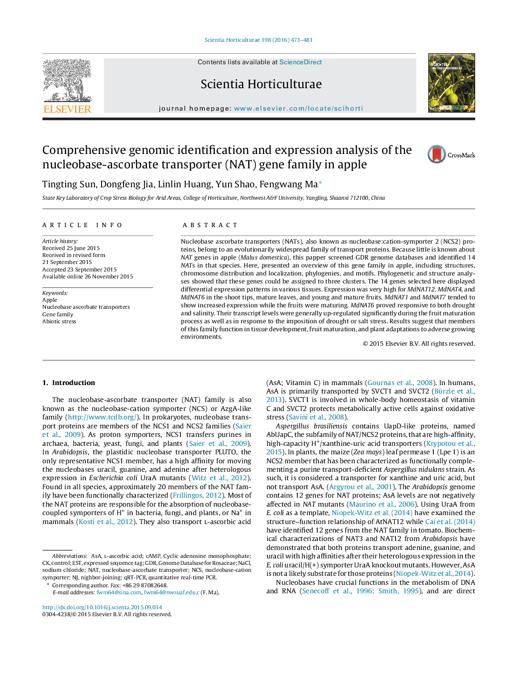 Comprehensive genomic identification and expression analysis of the nucleobase-ascorbate transporter (NAT) gene family in apple