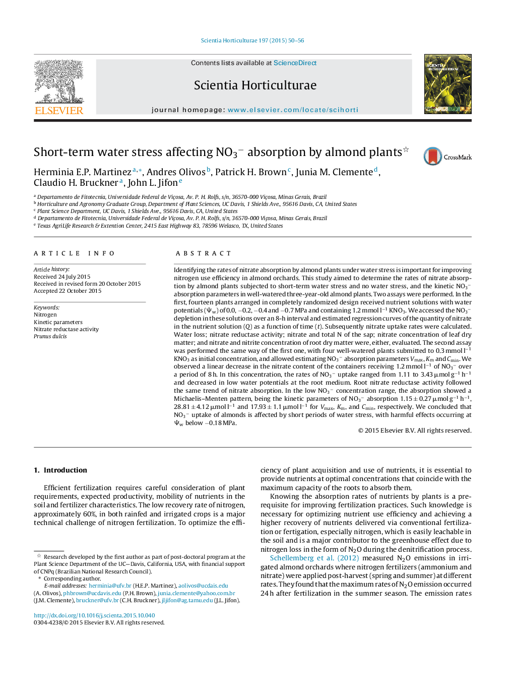 Short-term water stress affecting NO3â absorption by almond plants