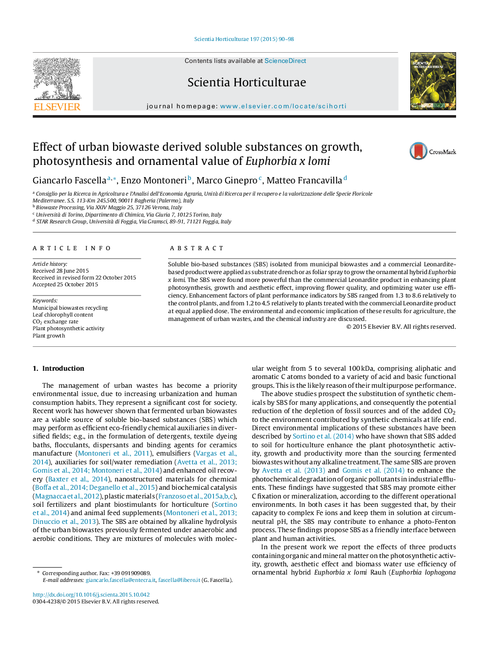 Effect of urban biowaste derived soluble substances on growth, photosynthesis and ornamental value of Euphorbia x lomi