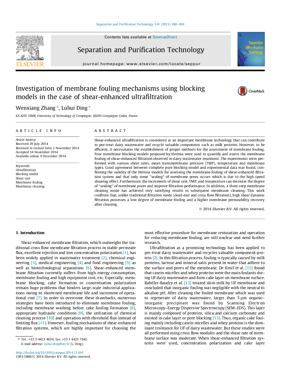 Investigation of membrane fouling mechanisms using blocking models in the case of shear-enhanced ultrafiltration