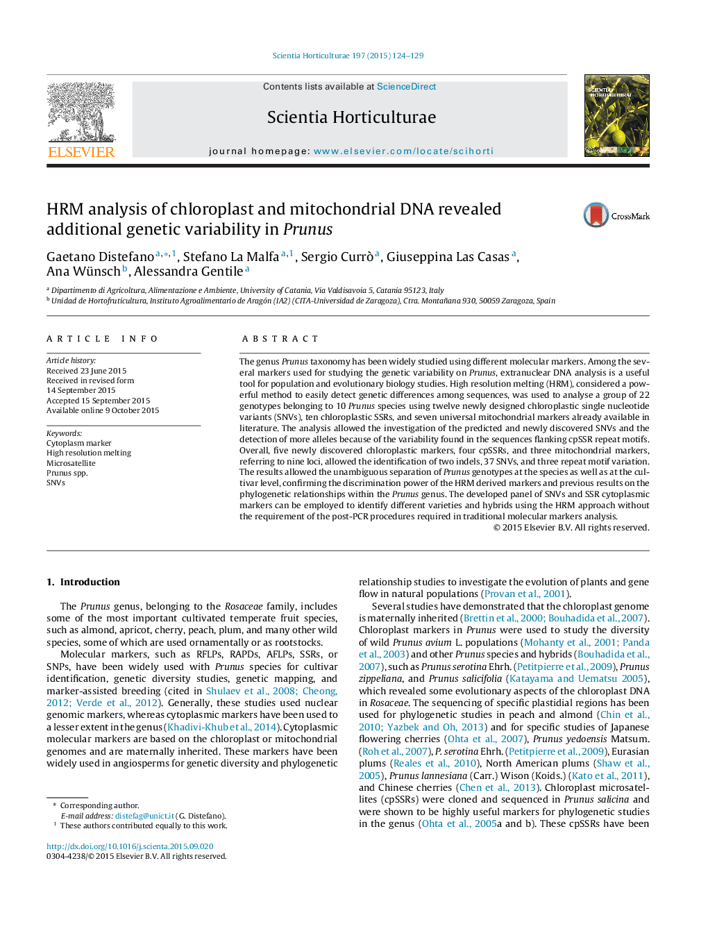 HRM analysis of chloroplast and mitochondrial DNA revealed additional genetic variability in Prunus