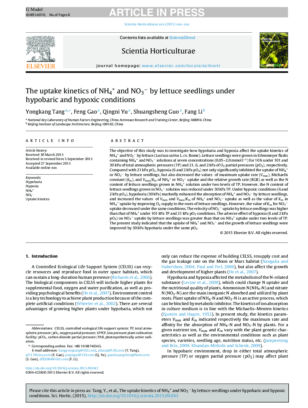 The uptake kinetics of NH4+ and NO3â by lettuce seedlings under hypobaric and hypoxic conditions