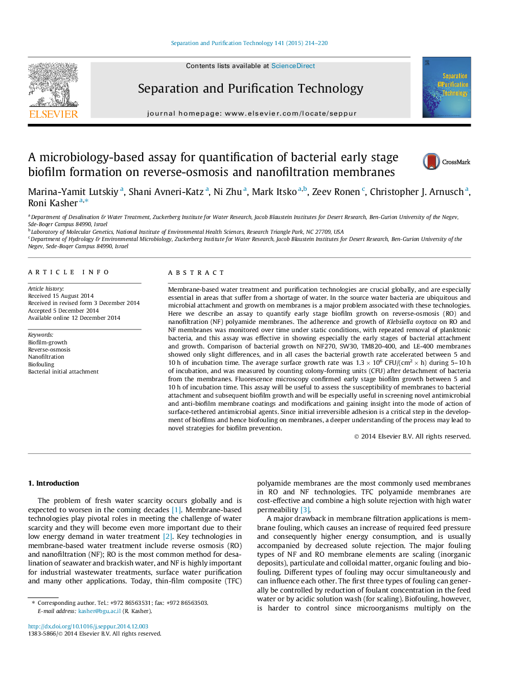 A microbiology-based assay for quantification of bacterial early stage biofilm formation on reverse-osmosis and nanofiltration membranes