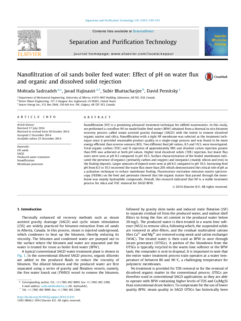 Nanofiltration of oil sands boiler feed water: Effect of pH on water flux and organic and dissolved solid rejection