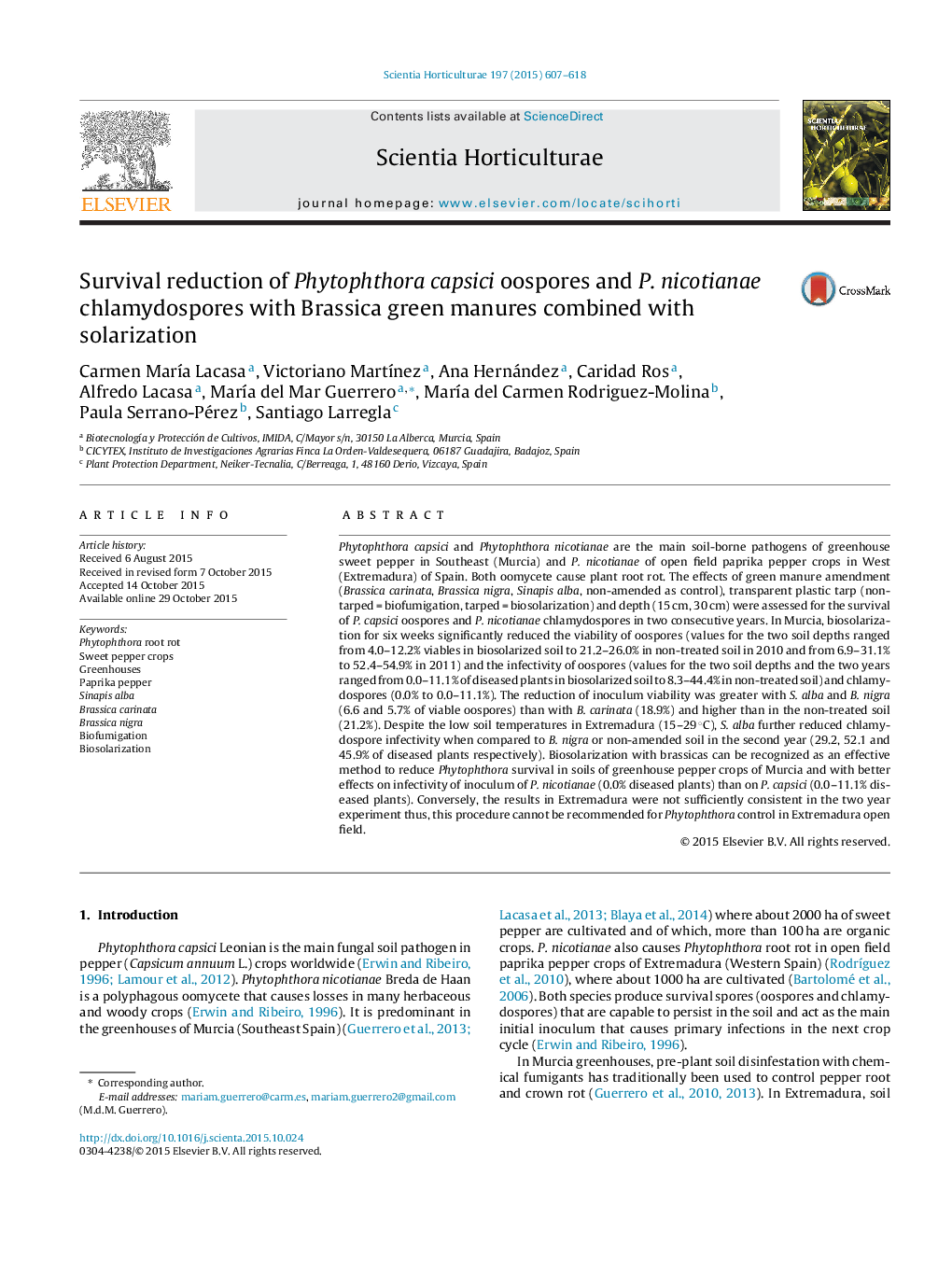 Survival reduction of Phytophthora capsici oospores and P. nicotianae chlamydospores with Brassica green manures combined with solarization