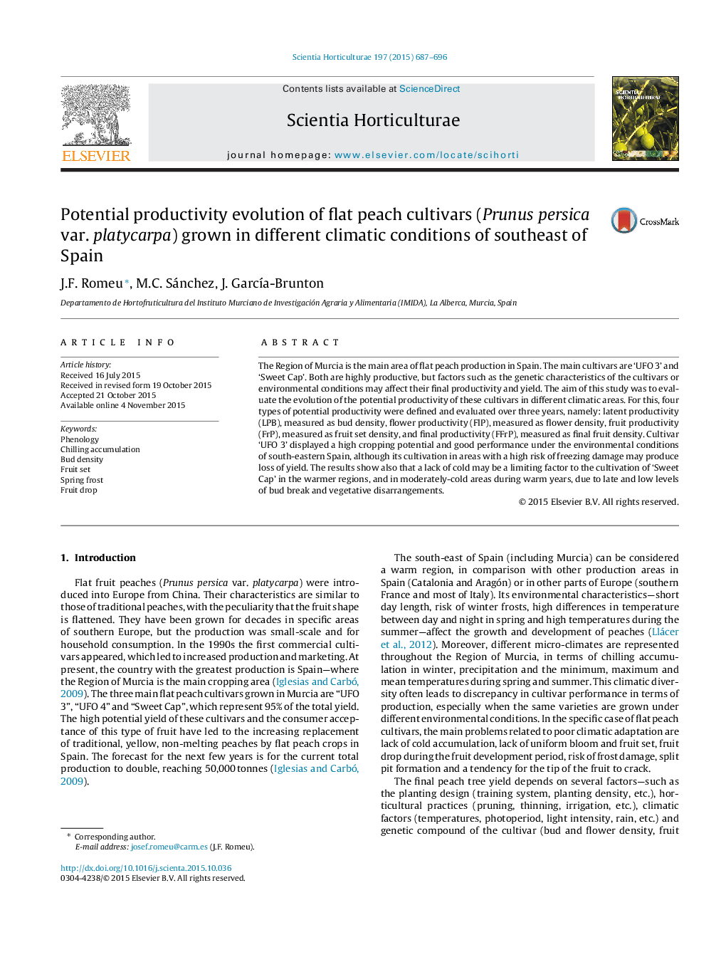 Potential productivity evolution of flat peach cultivars (Prunus persica var. platycarpa) grown in different climatic conditions of southeast of Spain