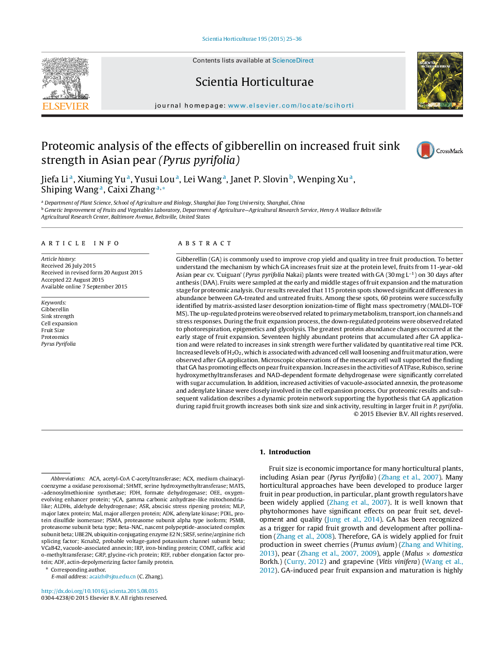 Proteomic analysis of the effects of gibberellin on increased fruit sink strength in Asian pear (Pyrus pyrifolia)