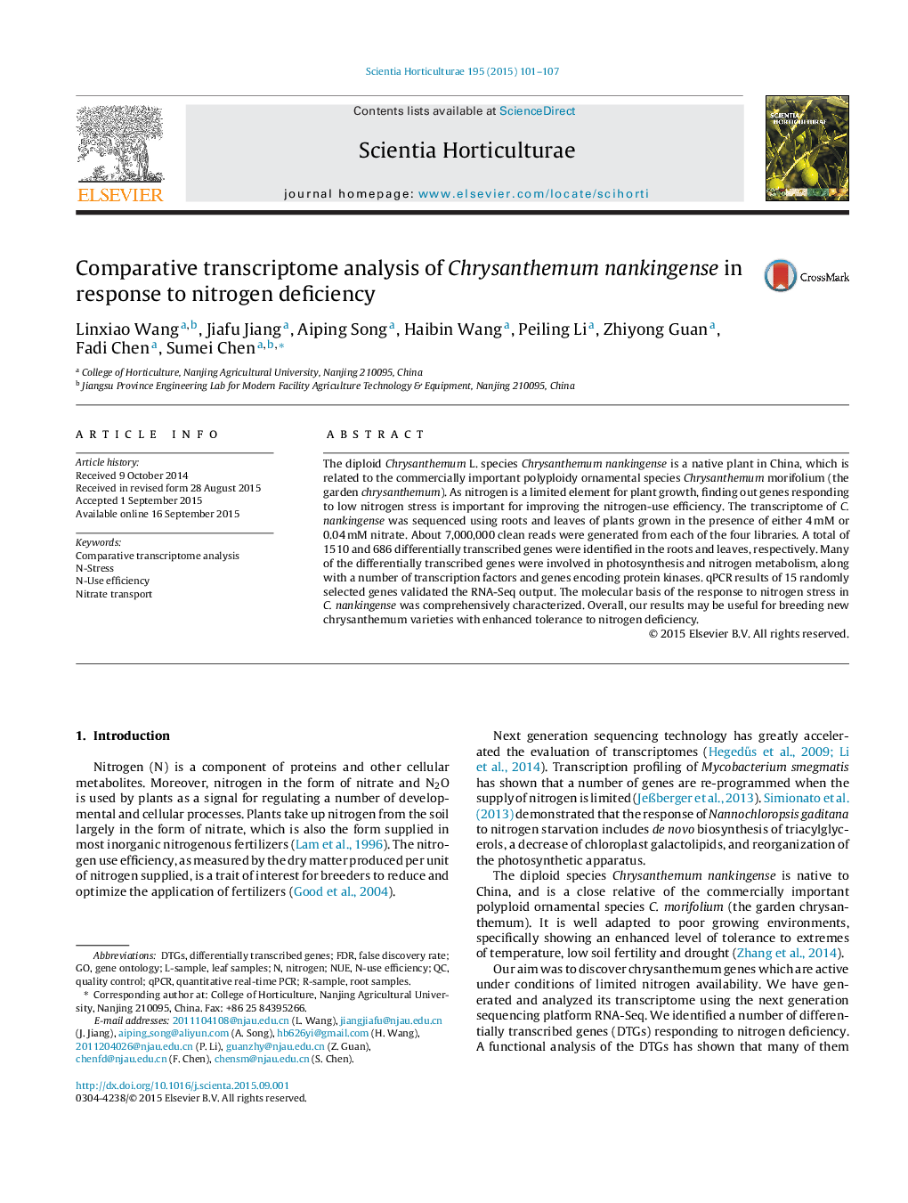 Comparative transcriptome analysis of Chrysanthemum nankingense in response to nitrogen deficiency