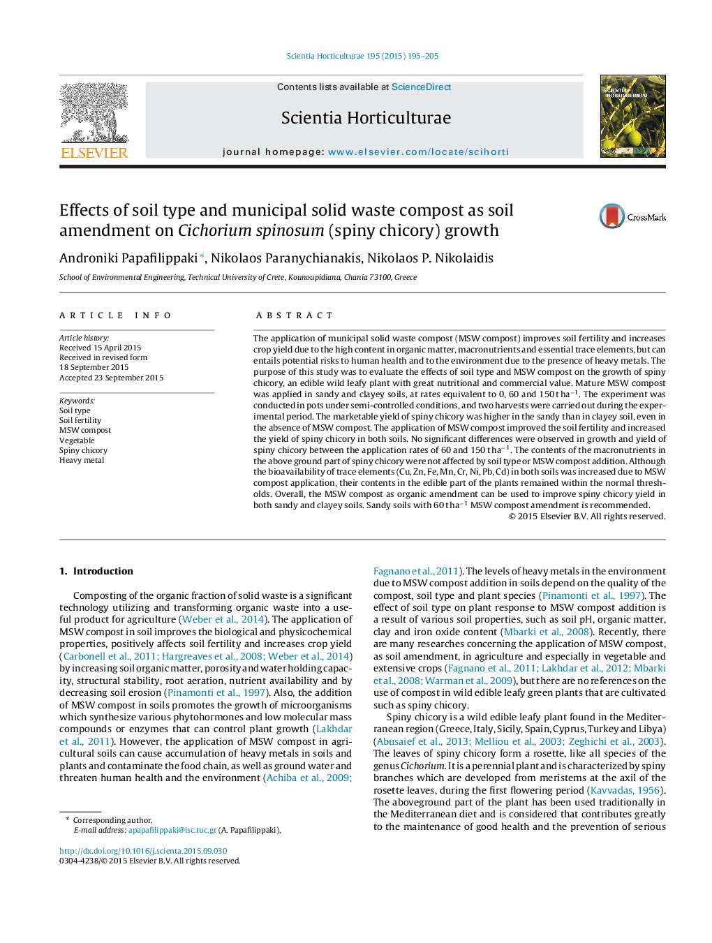 Effects of soil type and municipal solid waste compost as soil amendment on Cichorium spinosum (spiny chicory) growth