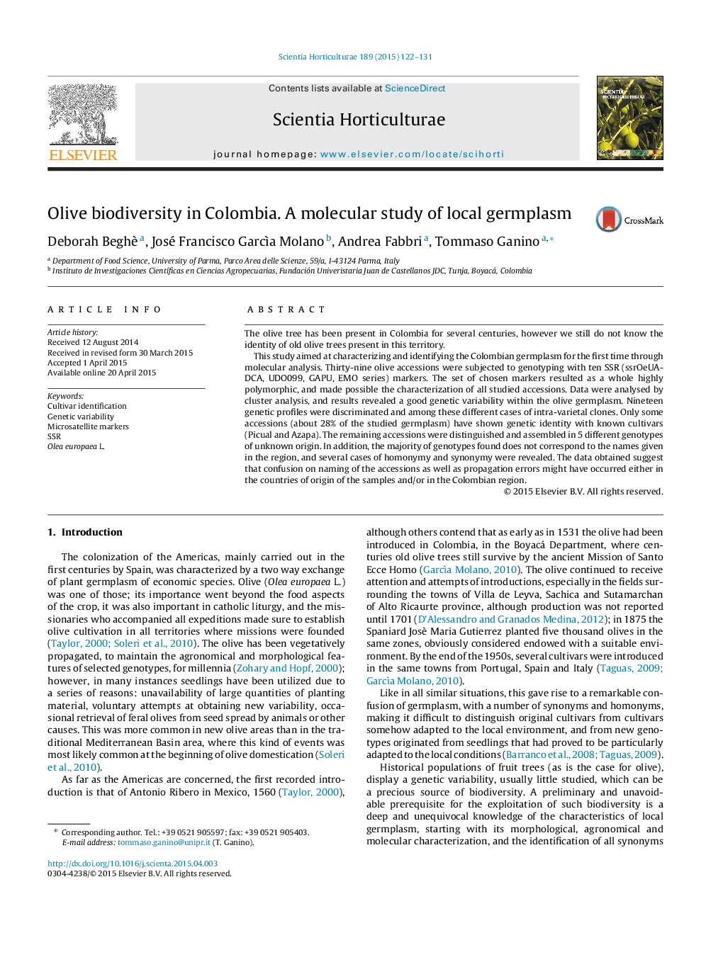 Olive biodiversity in Colombia. A molecular study of local germplasm