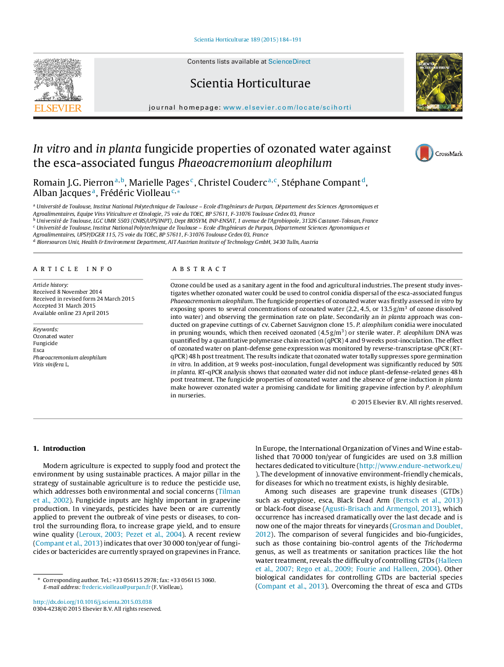 In vitro and in planta fungicide properties of ozonated water against the esca-associated fungus Phaeoacremonium aleophilum