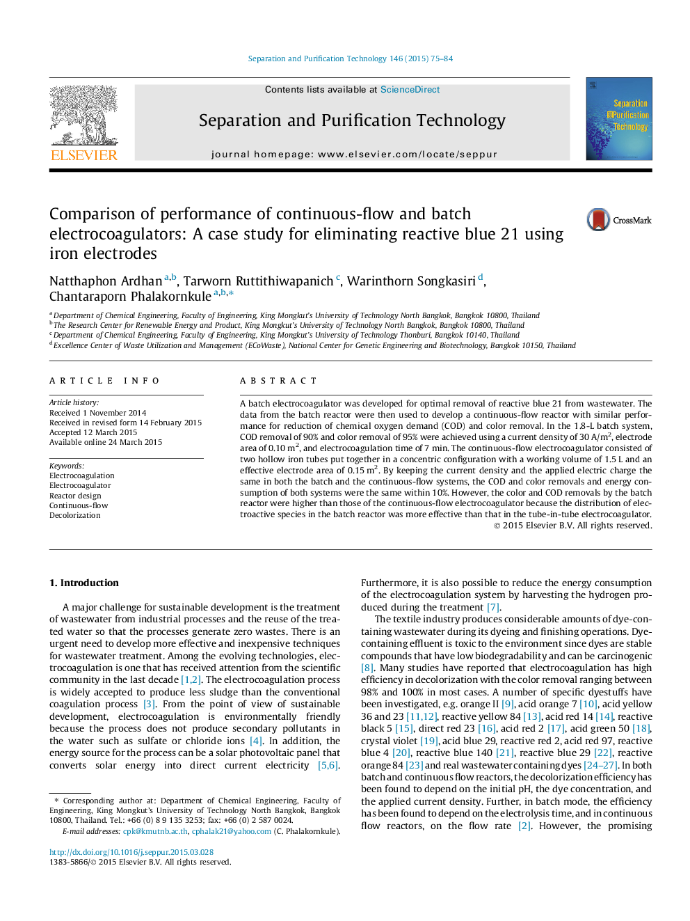 Comparison of performance of continuous-flow and batch electrocoagulators: A case study for eliminating reactive blue 21 using iron electrodes