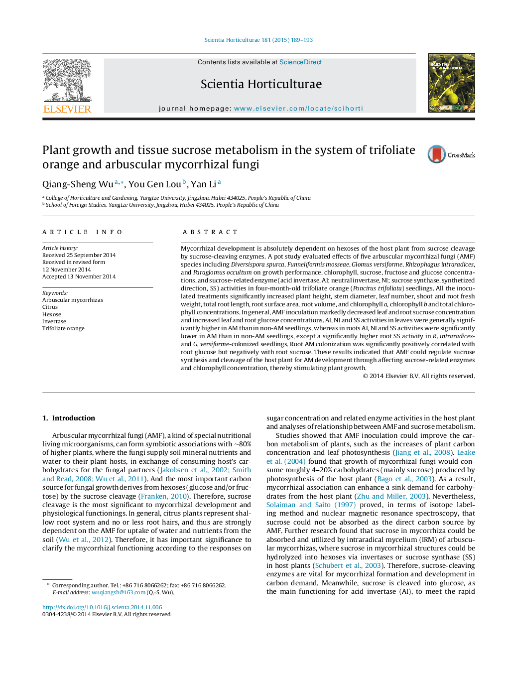 Plant growth and tissue sucrose metabolism in the system of trifoliate orange and arbuscular mycorrhizal fungi