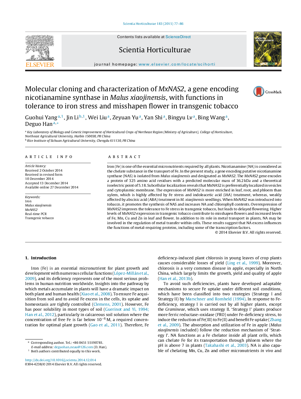 Molecular cloning and characterization of MxNAS2, a gene encoding nicotianamine synthase in Malus xiaojinensis, with functions in tolerance to iron stress and misshapen flower in transgenic tobacco