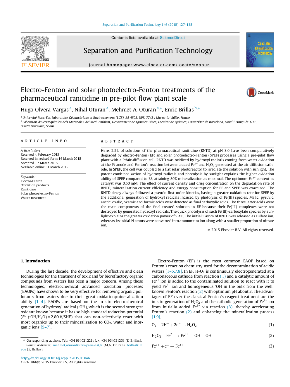 Electro-Fenton and solar photoelectro-Fenton treatments of the pharmaceutical ranitidine in pre-pilot flow plant scale