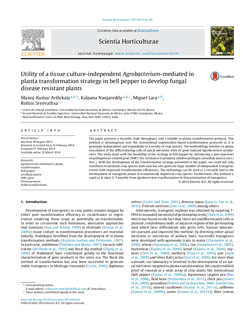 Utility of a tissue culture-independent Agrobacterium-mediated in planta transformation strategy in bell pepper to develop fungal disease resistant plants