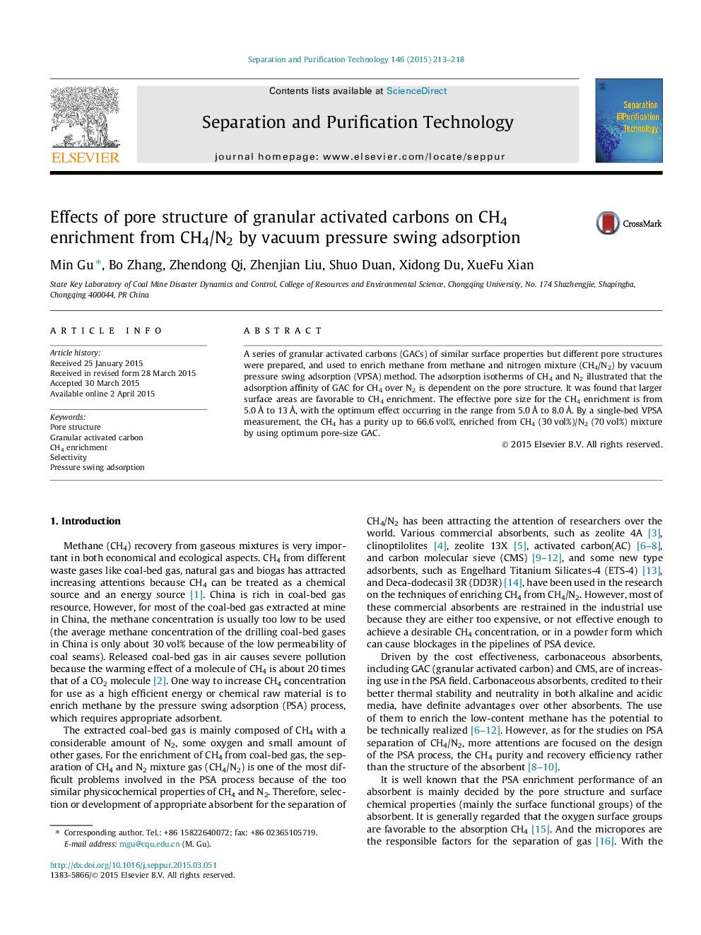 Effects of pore structure of granular activated carbons on CH4 enrichment from CH4/N2 by vacuum pressure swing adsorption