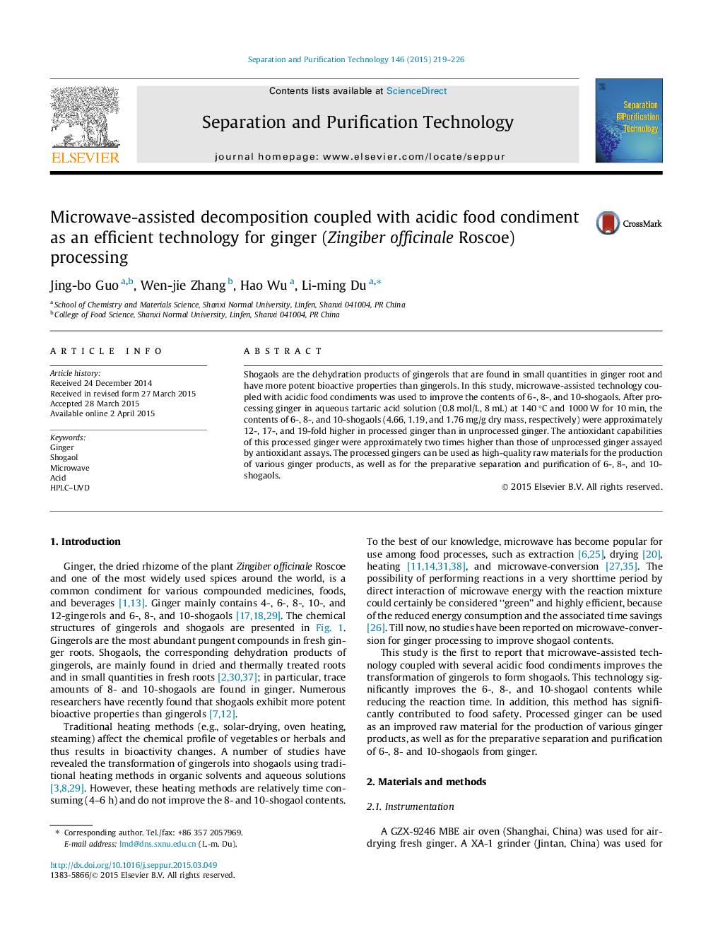 Microwave-assisted decomposition coupled with acidic food condiment as an efficient technology for ginger (Zingiber officinale Roscoe) processing