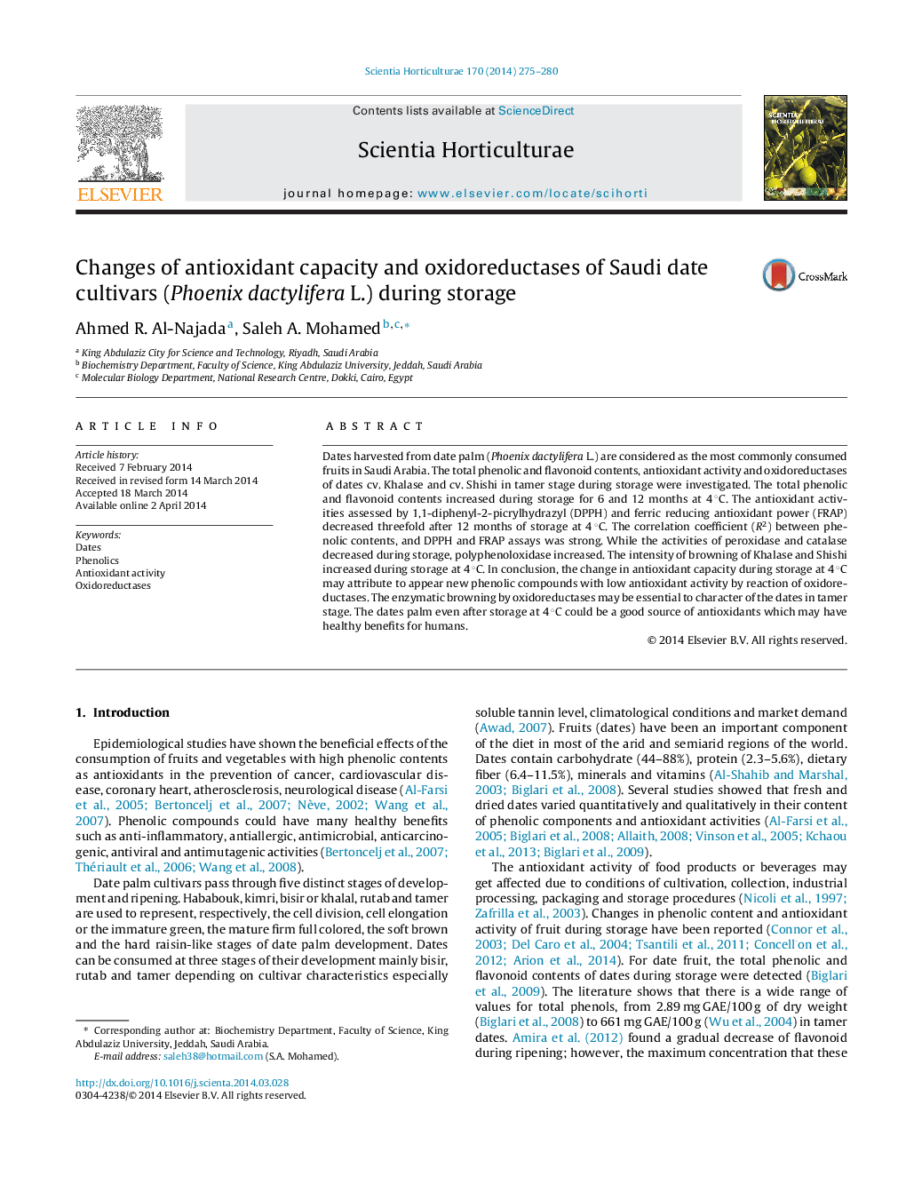 Changes of antioxidant capacity and oxidoreductases of Saudi date cultivars (Phoenix dactylifera L.) during storage