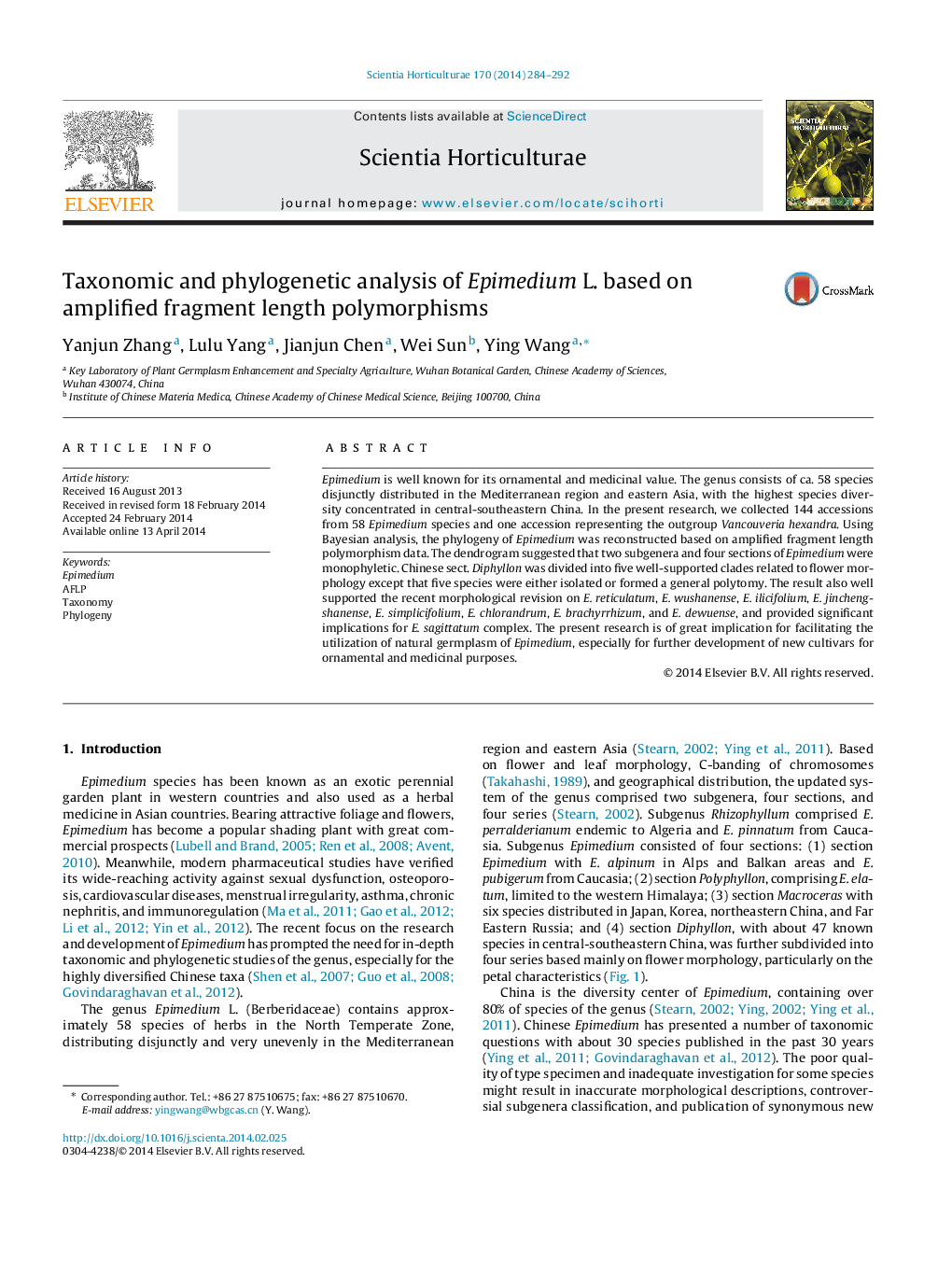 Taxonomic and phylogenetic analysis of Epimedium L. based on amplified fragment length polymorphisms