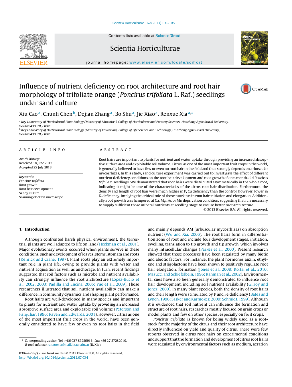 Influence of nutrient deficiency on root architecture and root hair morphology of trifoliate orange (Poncirus trifoliata L. Raf.) seedlings under sand culture