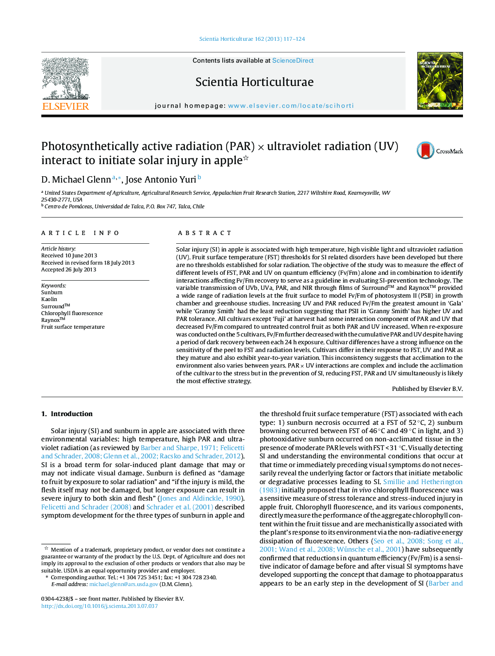 عکس صفحه اول مقاله: Photosynthetically active radiation (PAR)Â ÃÂ ultraviolet radiation (UV) interact to initiate solar injury in apple Photosynthetically active radiation (PAR)Â ÃÂ ultraviolet radiation (UV) interact to initiate solar injury in apple