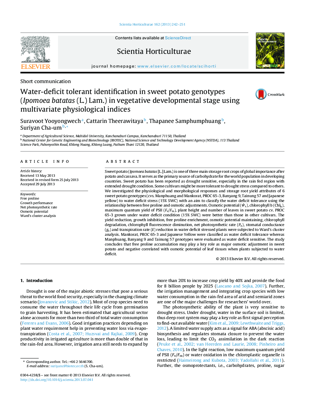 Short communicationWater-deficit tolerant identification in sweet potato genotypes (Ipomoea batatas (L.) Lam.) in vegetative developmental stage using multivariate physiological indices