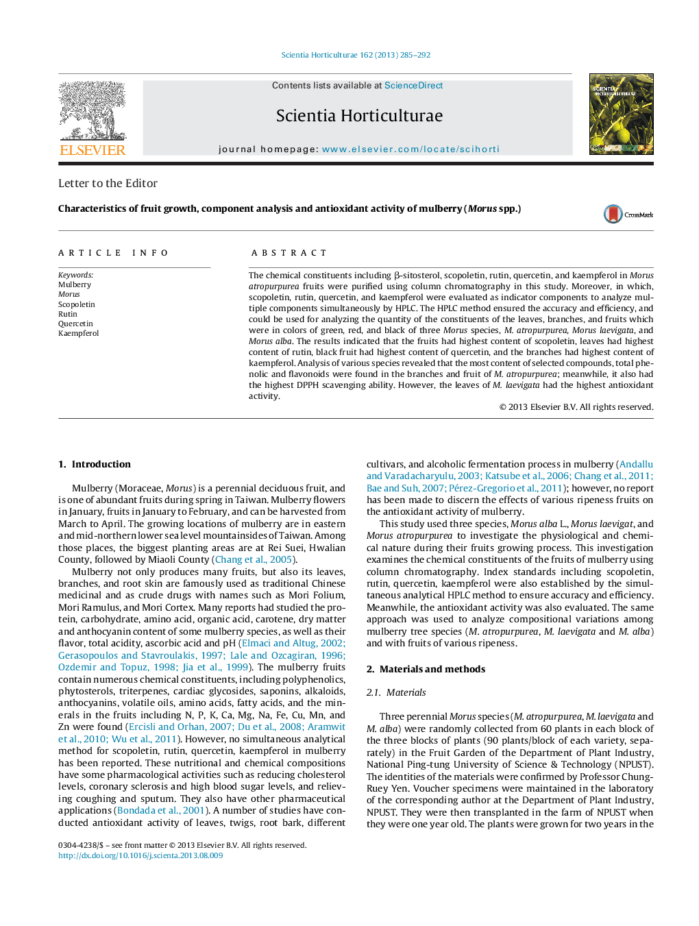 Letter to the EditorCharacteristics of fruit growth, component analysis and antioxidant activity of mulberry (Morus spp.)