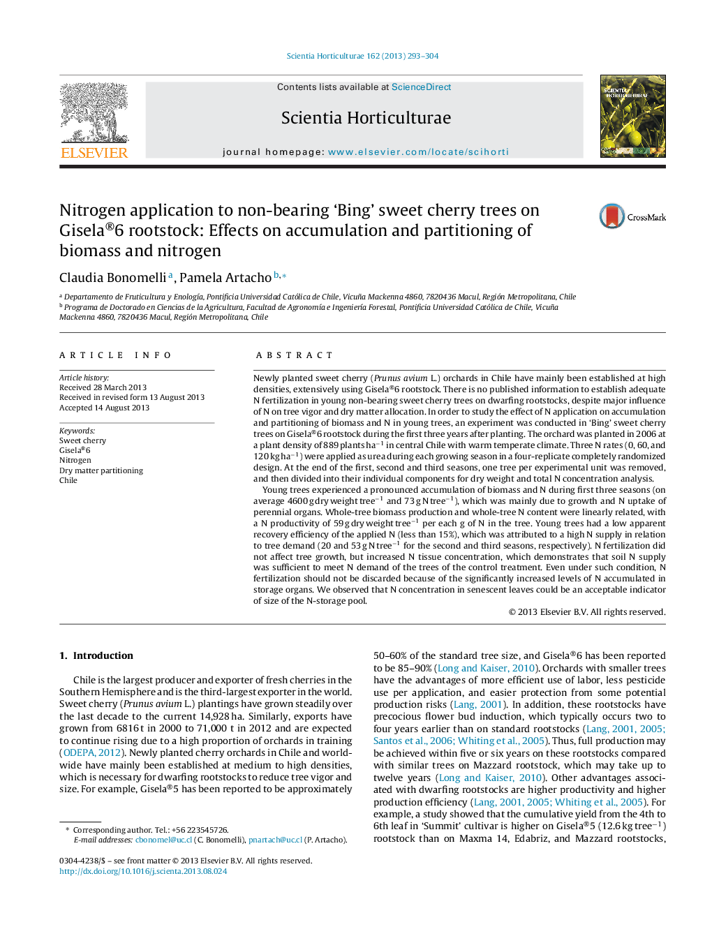 Nitrogen application to non-bearing 'Bing' sweet cherry trees on Gisela®6 rootstock: Effects on accumulation and partitioning of biomass and nitrogen