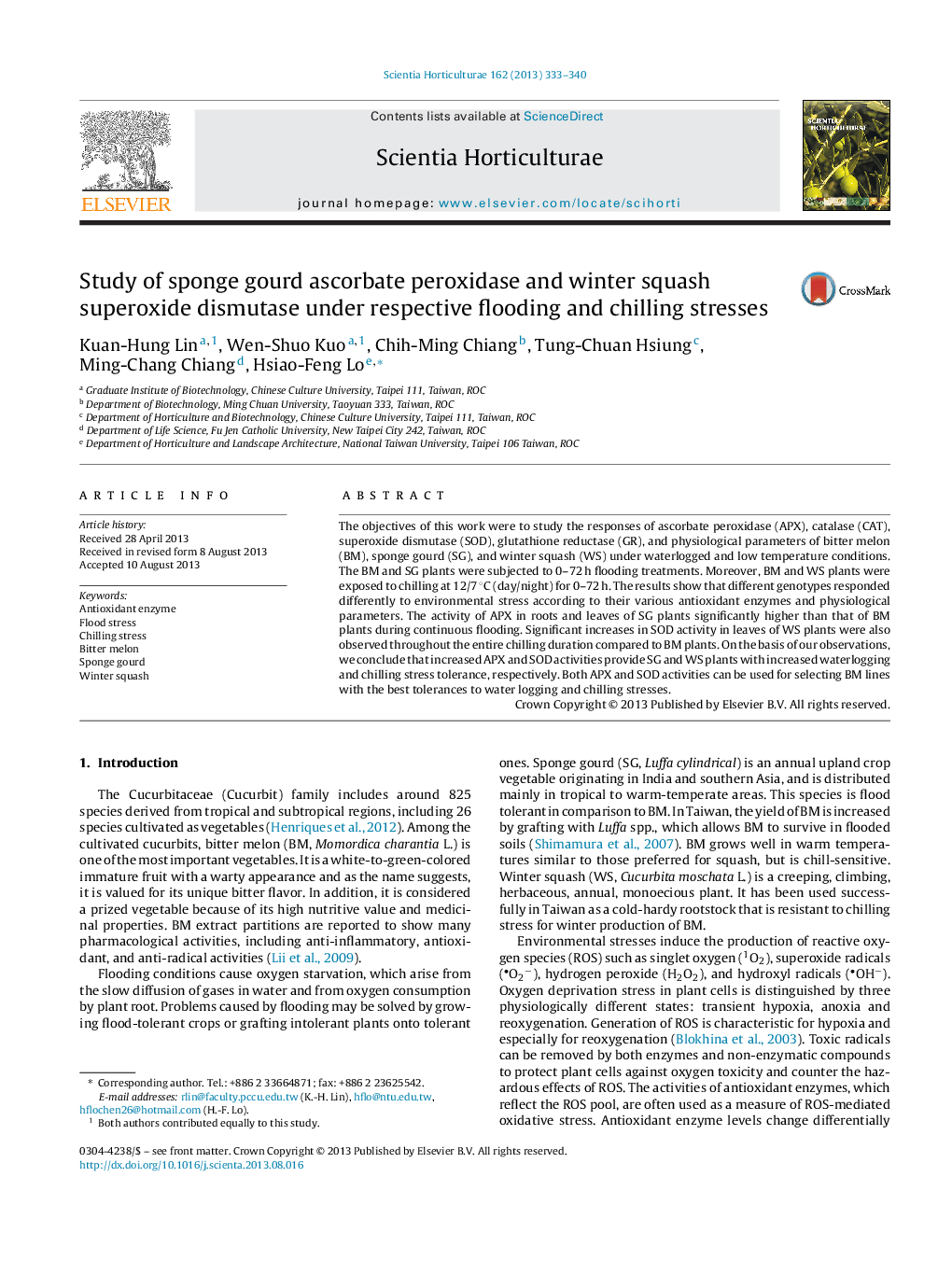 Study of sponge gourd ascorbate peroxidase and winter squash superoxide dismutase under respective flooding and chilling stresses