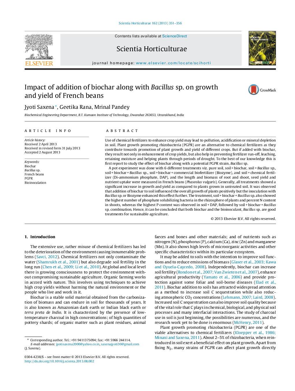 Impact of addition of biochar along with Bacillus sp. on growth and yield of French beans