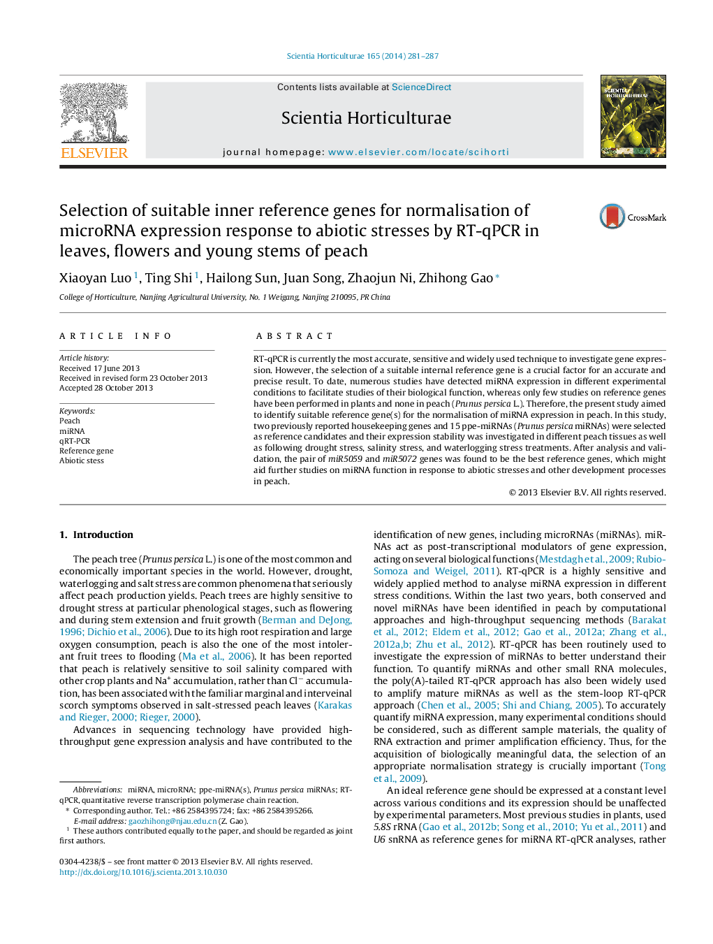 Selection of suitable inner reference genes for normalisation of microRNA expression response to abiotic stresses by RT-qPCR in leaves, flowers and young stems of peach