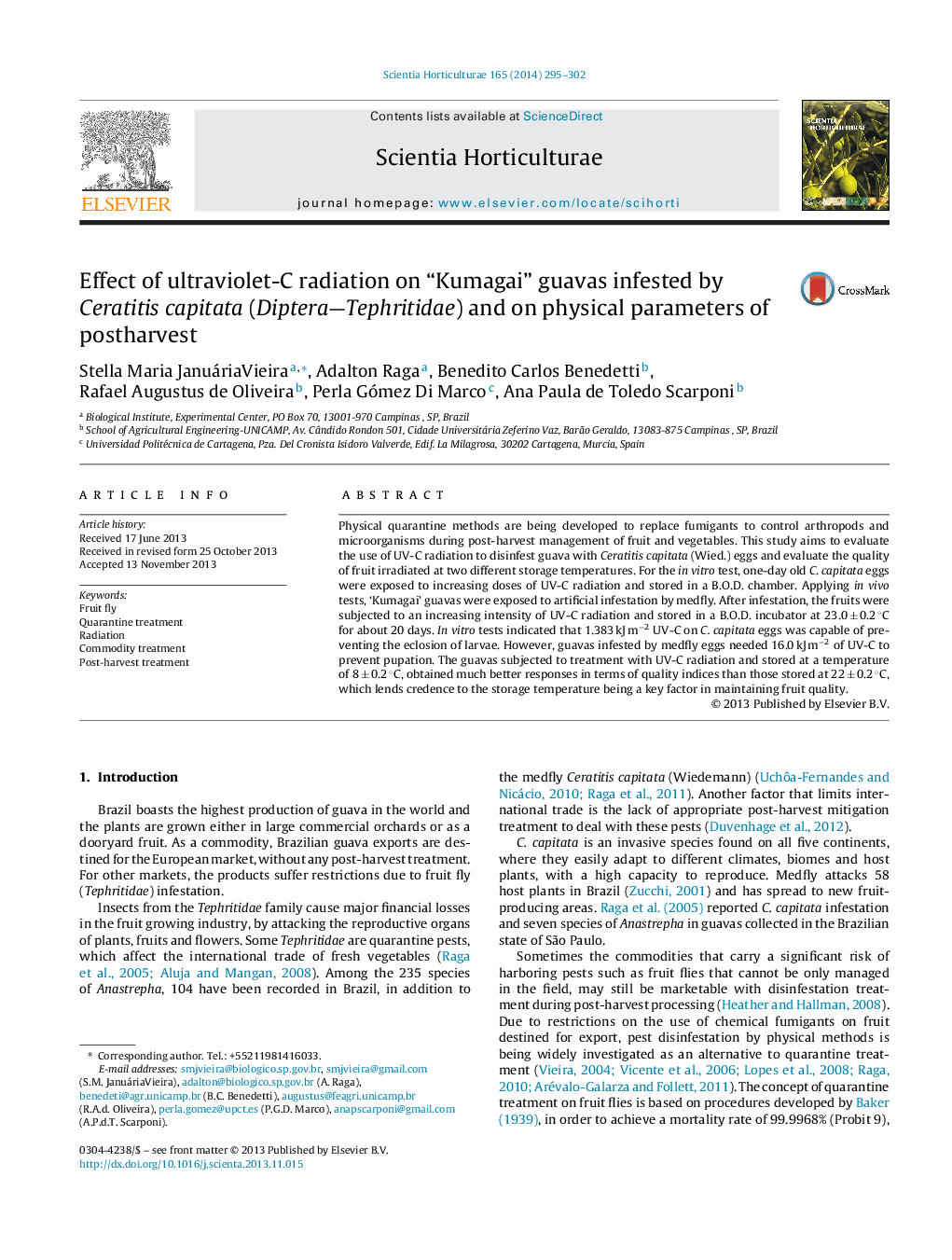 Effect of ultraviolet-C radiation on “Kumagai” guavas infested by Ceratitis capitata (Diptera-Tephritidae) and on physical parameters of postharvest