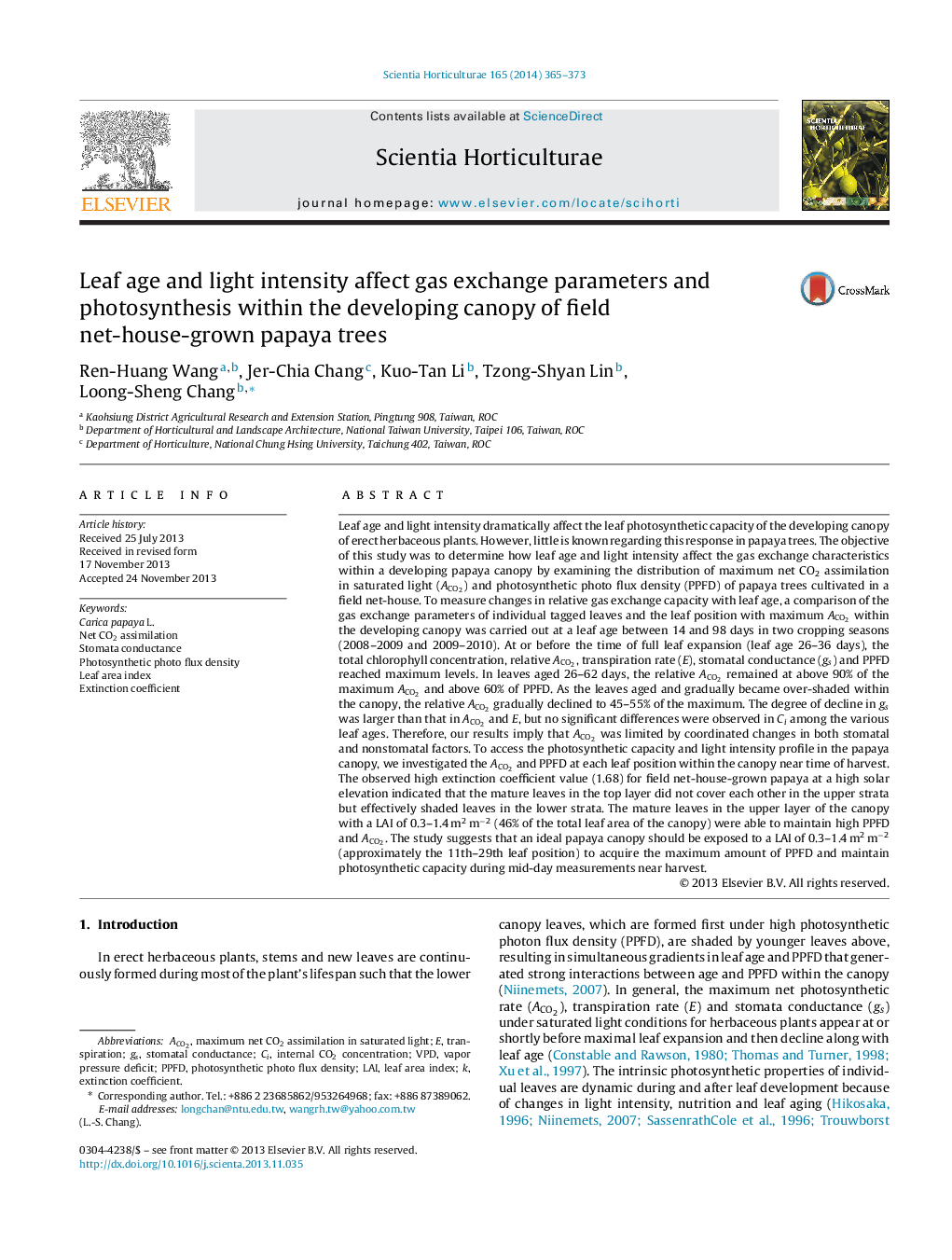 Leaf age and light intensity affect gas exchange parameters and photosynthesis within the developing canopy of field net-house-grown papaya trees