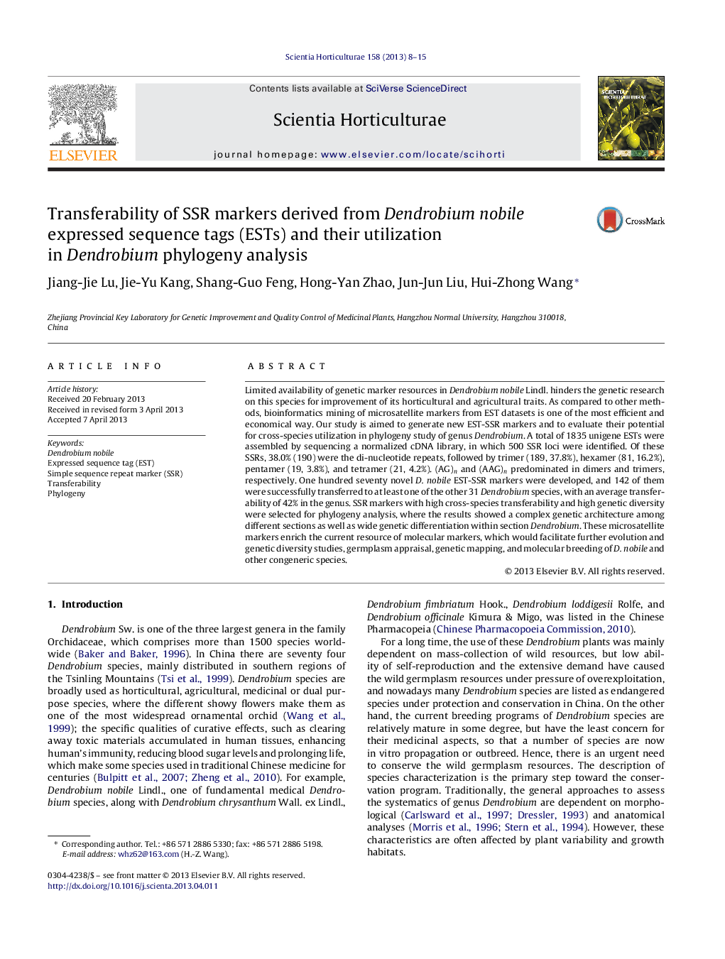 Transferability of SSR markers derived from Dendrobium nobile expressed sequence tags (ESTs) and their utilization in Dendrobium phylogeny analysis