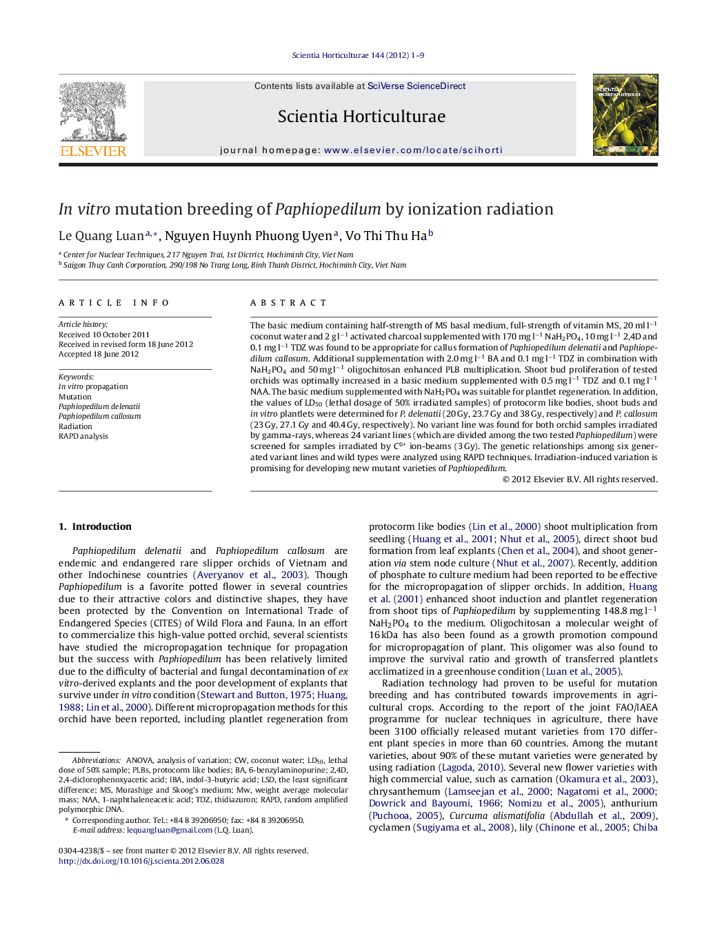 In vitro mutation breeding of Paphiopedilum by ionization radiation