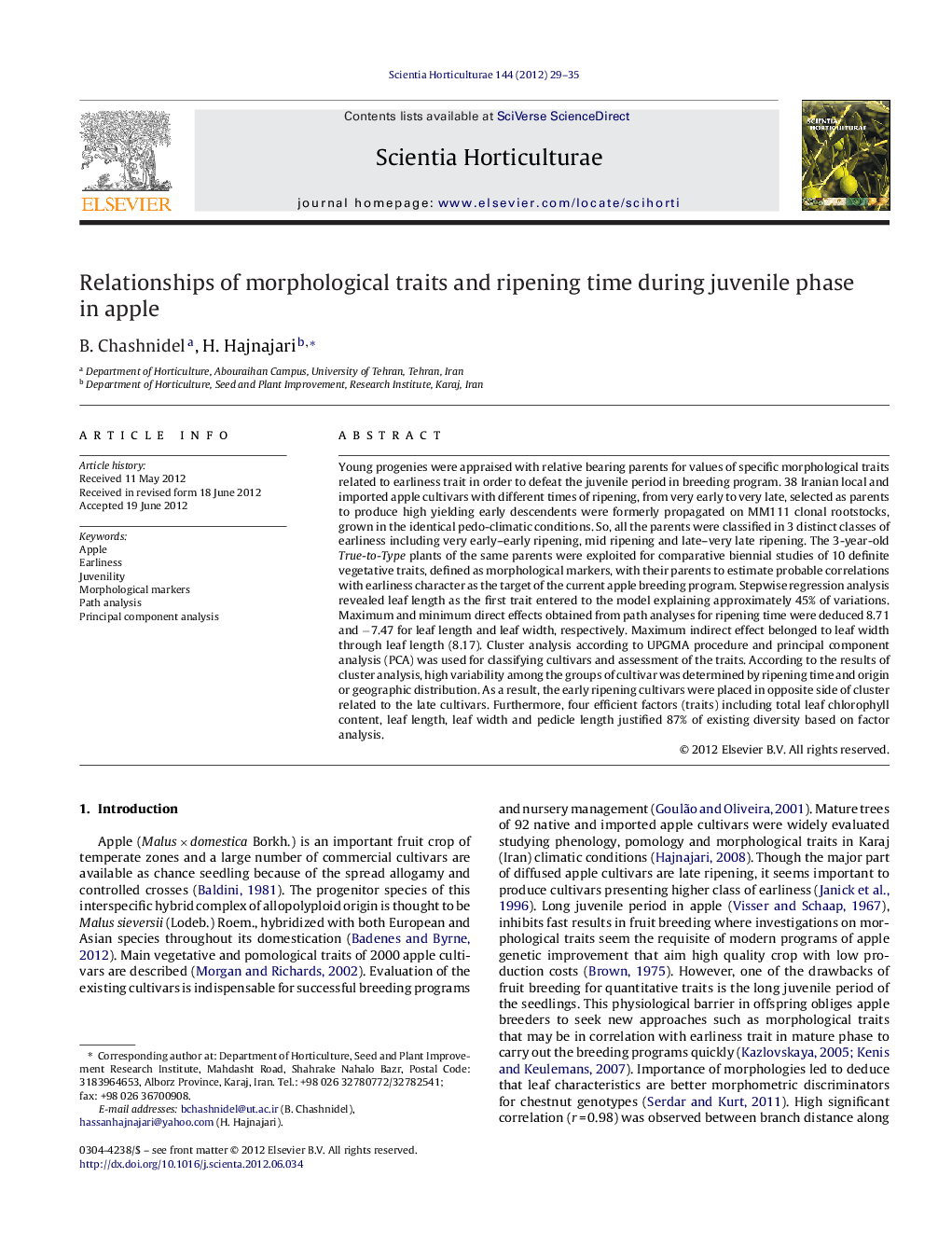 Relationships of morphological traits and ripening time during juvenile phase in apple