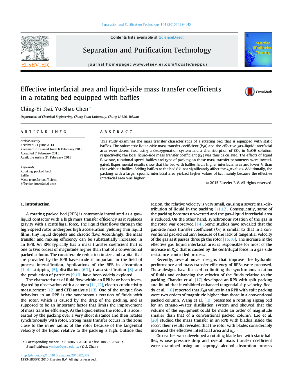 Effective interfacial area and liquid-side mass transfer coefficients in a rotating bed equipped with baffles